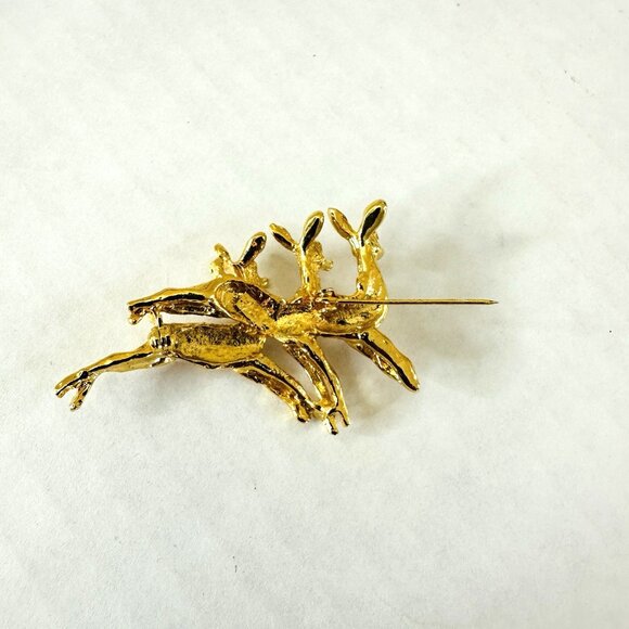 Christmas Reindeer Brooch Pin Gold-tone Red Green Rhinestones Signed Aai VTG - Picture 3 of 7